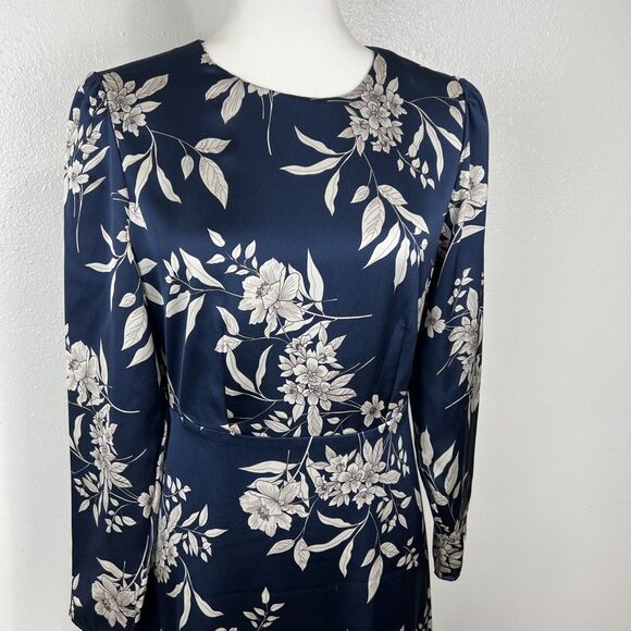 Vince Camuto Dress Women Small Blue White Floral Satin Sheen Midi Long Sleeve - Picture 7 of 15